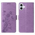 For iPhone 16 Embossed Butterfly Flowers Leather Phone Case(Purple) - 3