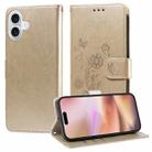 For iPhone 16 Embossed Butterfly Flowers Leather Phone Case(Gold) - 1