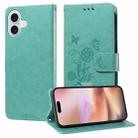 For iPhone 16 Embossed Butterfly Flowers Leather Phone Case(Green) - 1