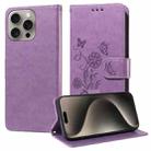 For iPhone 15 Pro Max Embossed Butterfly Flowers Leather Phone Case(Purple) - 1