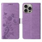 For iPhone 15 Pro Max Embossed Butterfly Flowers Leather Phone Case(Purple) - 3