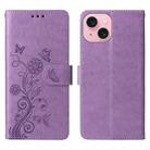 For iPhone 15 Plus Embossed Butterfly Flowers Leather Phone Case(Purple) - 3