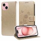 For iPhone 15 Plus Embossed Butterfly Flowers Leather Phone Case(Gold) - 1