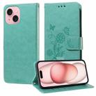 For iPhone 15 Plus Embossed Butterfly Flowers Leather Phone Case(Green) - 1