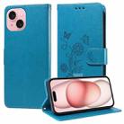 For iPhone 15 Plus Embossed Butterfly Flowers Leather Phone Case(Blue) - 1