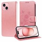 For iPhone 15 Plus Embossed Butterfly Flowers Leather Phone Case(Rose Gold) - 1