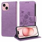 For iPhone 15 Embossed Butterfly Flowers Leather Phone Case(Purple) - 1