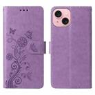 For iPhone 15 Embossed Butterfly Flowers Leather Phone Case(Purple) - 3