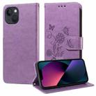 For iPhone 14 Plus Embossed Butterfly Flowers Leather Phone Case(Purple) - 1