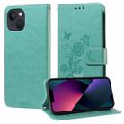 For iPhone 14 / 13 Embossed Butterfly Flowers Leather Phone Case(Green) - 1