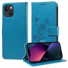 For iPhone 14 / 13 Embossed Butterfly Flowers Leather Phone Case(Blue) - 1