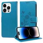 For iPhone 14 Pro Embossed Butterfly Flowers Leather Phone Case(Blue) - 1