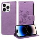 For iPhone 14 Pro Max Embossed Butterfly Flowers Leather Phone Case(Purple) - 1