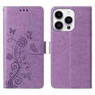 For iPhone 14 Pro Max Embossed Butterfly Flowers Leather Phone Case(Purple) - 3