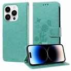 For iPhone 14 Pro Max Embossed Butterfly Flowers Leather Phone Case(Green) - 1