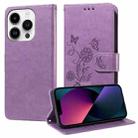 For iPhone 13 Pro Max Embossed Butterfly Flowers Leather Phone Case(Purple) - 1