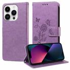 For iPhone 13 Pro Embossed Butterfly Flowers Leather Phone Case(Purple) - 1