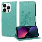 For iPhone 13 Pro Embossed Butterfly Flowers Leather Phone Case(Green) - 1