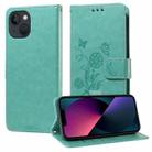 For iPhone 13 mini Embossed Butterfly Flowers Leather Phone Case(Green) - 1
