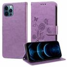 For iPhone 12 / 12 Pro Embossed Butterfly Flowers Leather Phone Case(Purple) - 1