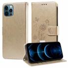 For iPhone 12 / 12 Pro Embossed Butterfly Flowers Leather Phone Case(Gold) - 1