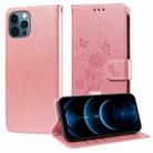 For iPhone 12 / 12 Pro Embossed Butterfly Flowers Leather Phone Case(Rose Gold) - 1