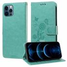 For iPhone 12 Pro Max Embossed Butterfly Flowers Leather Phone Case(Green) - 1