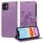 For iPhone 12 mini Embossed Butterfly Flowers Leather Phone Case(Purple) - 1