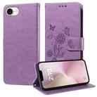 For iPhone 16e Embossed Butterfly Flowers Leather Phone Case(Purple) - 1