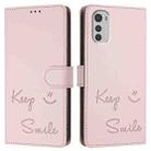 For Motorola Moto E32 4G Global Smile Embossing RFID Leather Phone Case(Pink) - 3