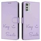 For Motorola Moto E32 4G Global Smile Embossing RFID Leather Phone Case(Light Purple) - 3