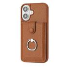 For iPhone 16 Litchi Texture Drawing Card Bag Ring Holder Phone Case(Brown) - 3