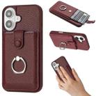 For iPhone 16 Litchi Texture Drawing Card Bag Ring Holder Phone Case(Wine Red) - 1