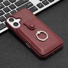 For iPhone 16 Litchi Texture Drawing Card Bag Ring Holder Phone Case(Wine Red) - 2