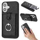 For iPhone 16 Litchi Texture Drawing Card Bag Ring Holder Phone Case(Black) - 1