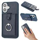 For iPhone 16 Litchi Texture Drawing Card Bag Ring Holder Phone Case(Blue) - 1