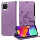 For Samsung Galaxy A12 4G / 5G Embossed Butterfly Flowers Leather Phone Case(Purple) - 1
