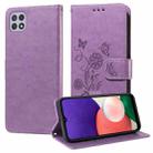 For Samsung Galaxy A22 5G Embossed Butterfly Flowers Leather Phone Case(Purple) - 1