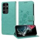 For Samsung Galaxy S22 Ultra 5G Embossed Butterfly Flowers Leather Phone Case(Green) - 1