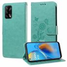 For OPPO A74 4G / F19 4G / F19s / A95 4G Embossed Butterfly Flowers Leather Phone Case(Green) - 1