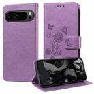 For Google Pixel 9 Pro XL Embossed Butterfly Flowers Leather Phone Case(Purple) - 1