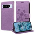 For Google Pixel 8 Pro Embossed Butterfly Flowers Leather Phone Case(Purple) - 1