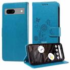 For Google Pixel 7a Embossed Butterfly Flowers Leather Phone Case(Blue) - 1