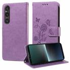 For Sony Xperia 1 V Embossed Butterfly Flowers Leather Phone Case(Purple) - 1