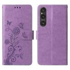 For Sony Xperia 1 V Embossed Butterfly Flowers Leather Phone Case(Purple) - 3