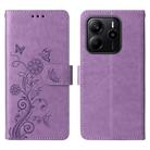 For Redmi Note 14 4G 163.25mm Global Embossed Butterfly Flowers Leather Phone Case(Purple) - 1