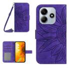 For Redmi Note 14 5G Skin Feel Sun Flower Embossed Flip Leather Phone Case with Lanyard(Dark Purple) - 1
