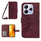 For Redmi Note 14 4G 163.25mm Skin Feel Sun Flower Embossed Flip Leather Phone Case with Lanyard(Wine Red) - 1