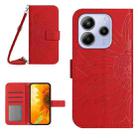 For Redmi Note 14 4G 164.84mm EU Version Skin Feel Sun Flower Embossed Flip Leather Phone Case with Lanyard(Red) - 1