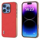 For iPhone 16 Pro Max ABEEL Electroplating Frame Cross Texture Genuine Leather Phone Case(Red) - 1